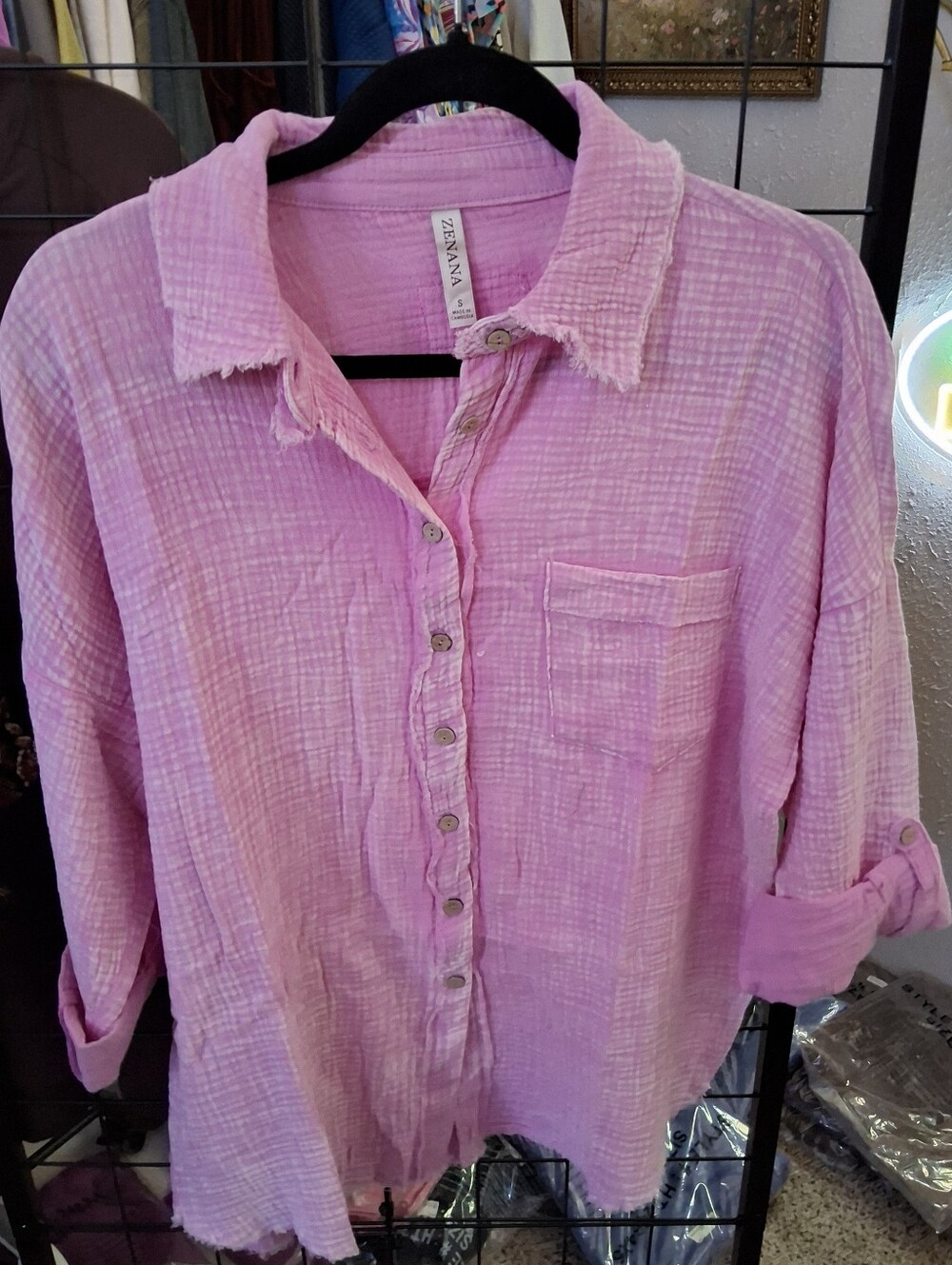 Zenana Outfitters Light Pink Button-Down Gauze Shirt